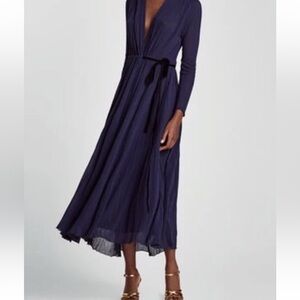 Zara navy cotton blend knit wrap maxi dress / black velvet tie belt size S NWT